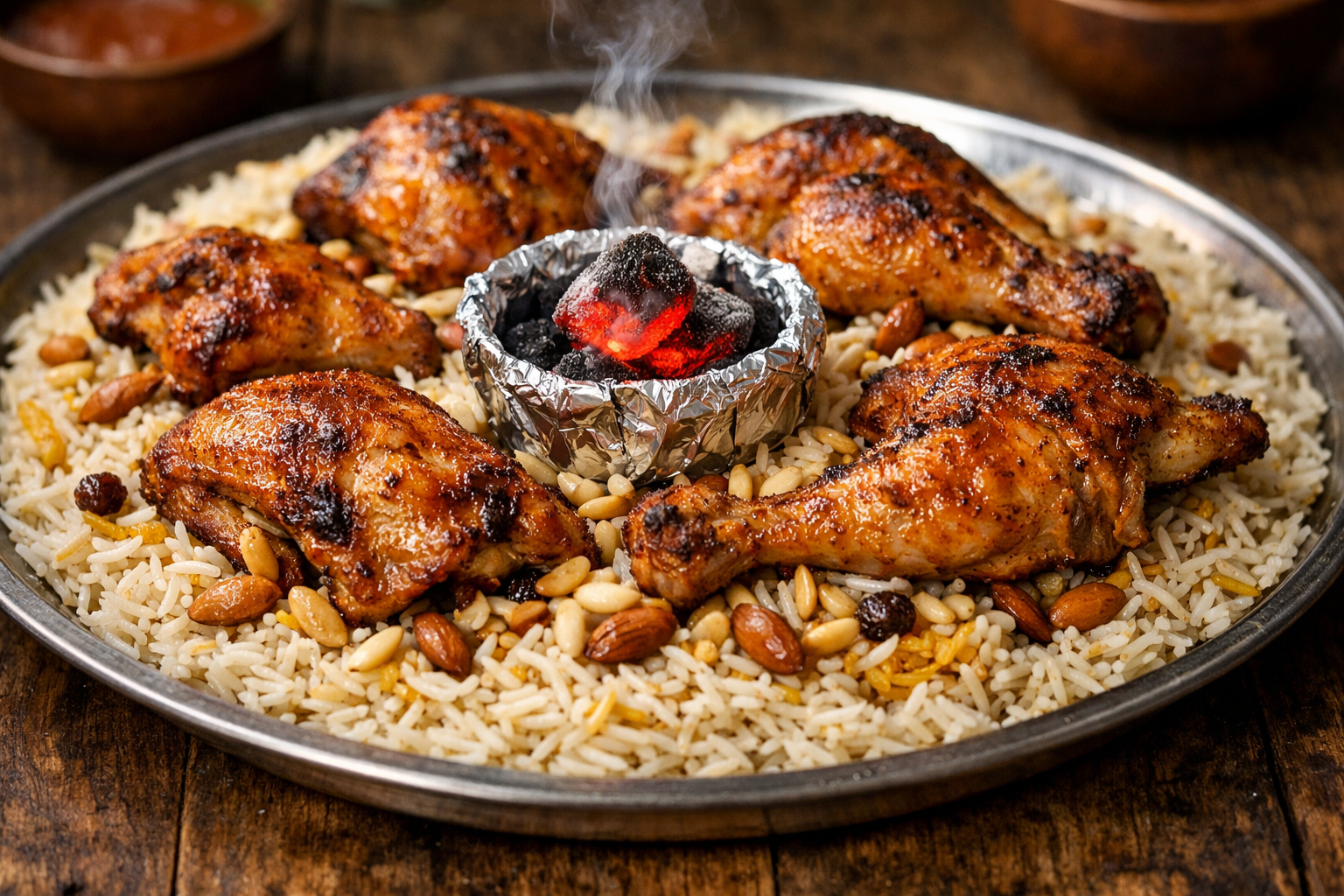 Authentic Chicken Mandi prepared using the oven method with smoky rice