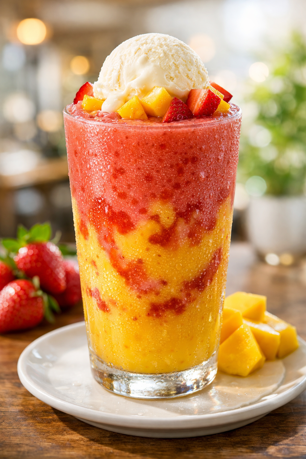 Vibrant pink and yellow Awar Qalb layered juice