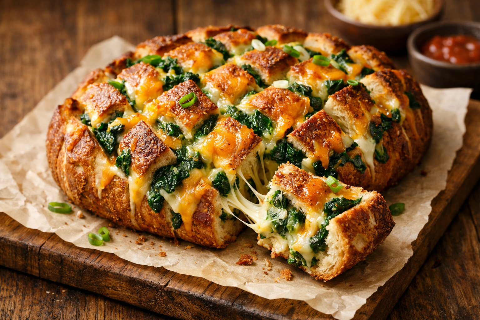 Golden brown Cheesy Spinach Pull-Apart Bread oozing with melted cheese