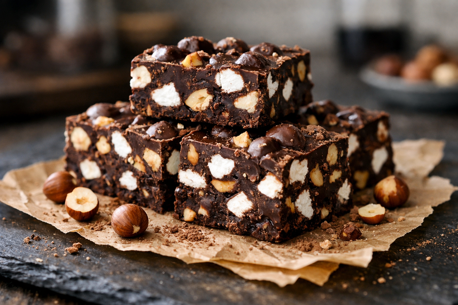 Rich chocolate rocky road bars with hazelnuts and marshmallows
