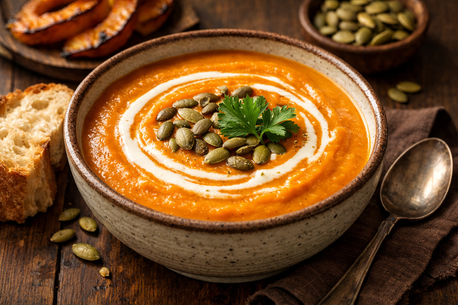 Creamy Roasted Pumpkin Soup garnished with pumpkin seeds and cream