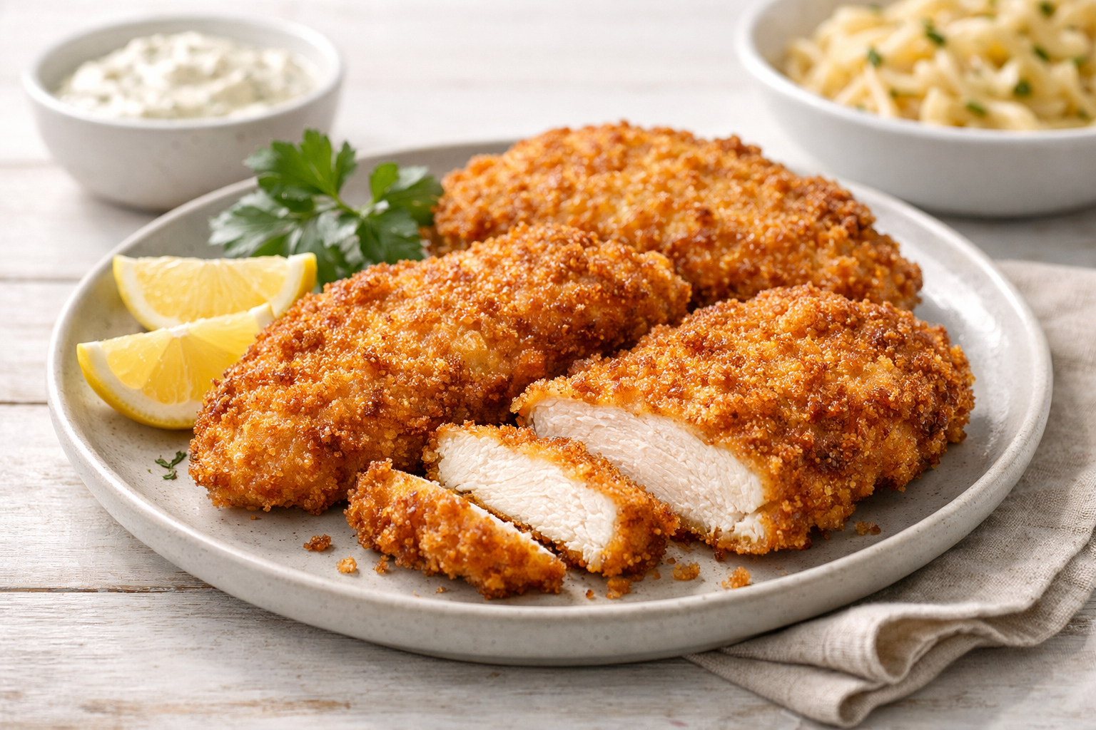 Golden brown Crispy Buttermilk Chicken Cutlets served on a plate