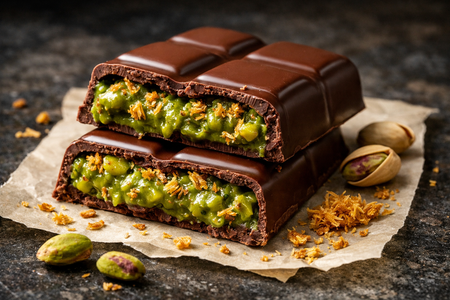 Homemade Dubai pistachio and kunafa chocolate bar broken in half