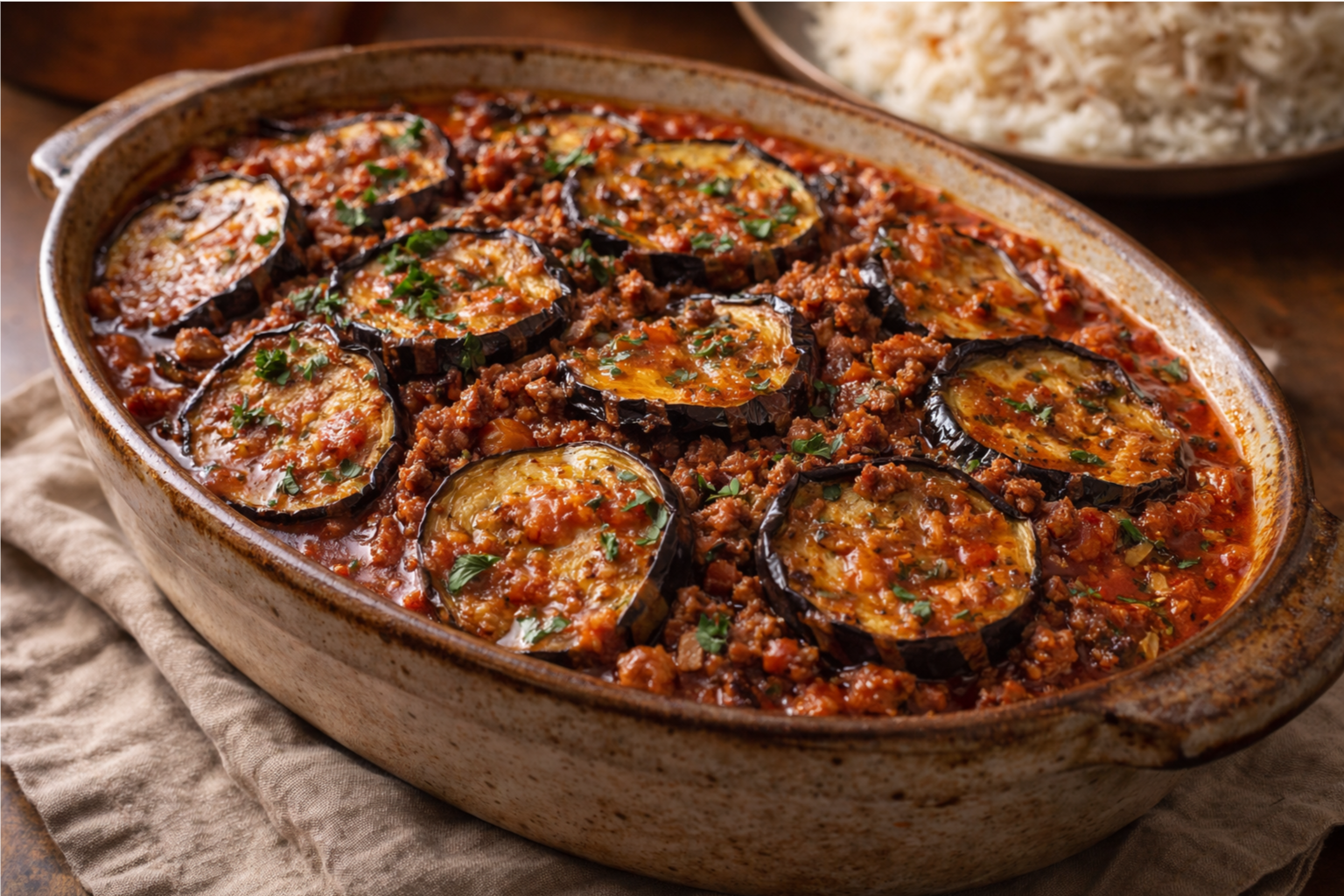 Delicious Eggplant Layers with Ground Beef & Tomato Sauce – A Classic Middle Eastern Dish