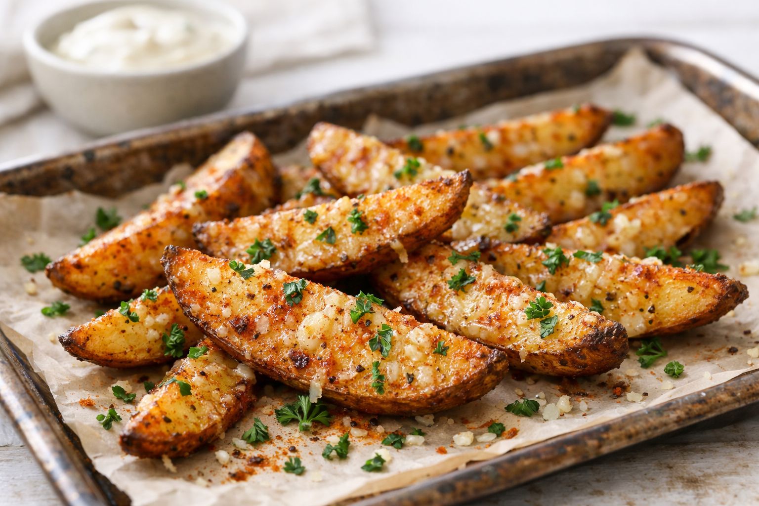 Homemade crispy garlic parmesan potato wedges on a baking sheet