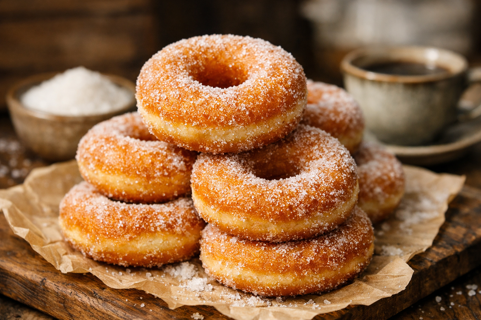 Golden fried homemade donuts coated in sugar