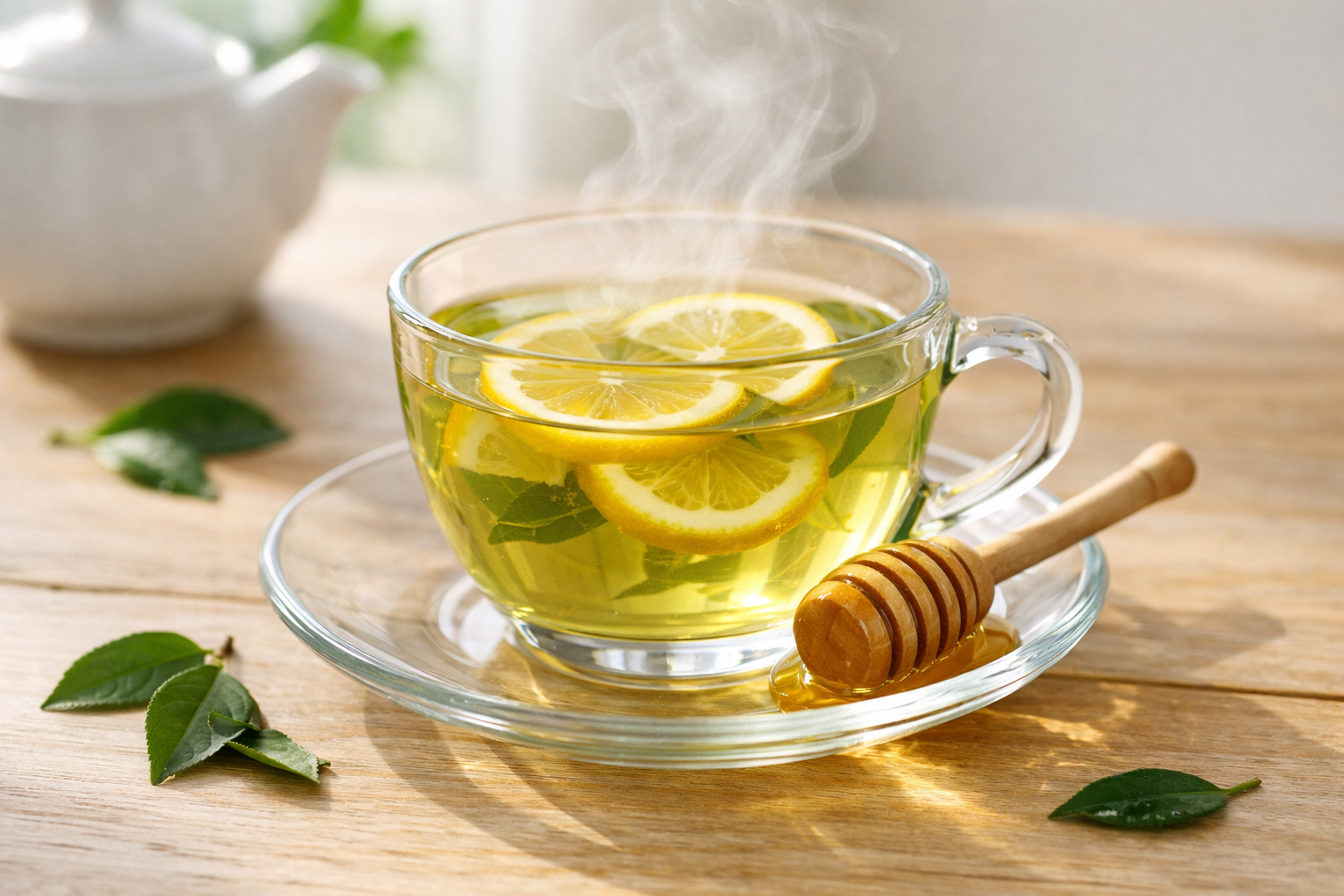 Fresh green tea cup with lemon slices