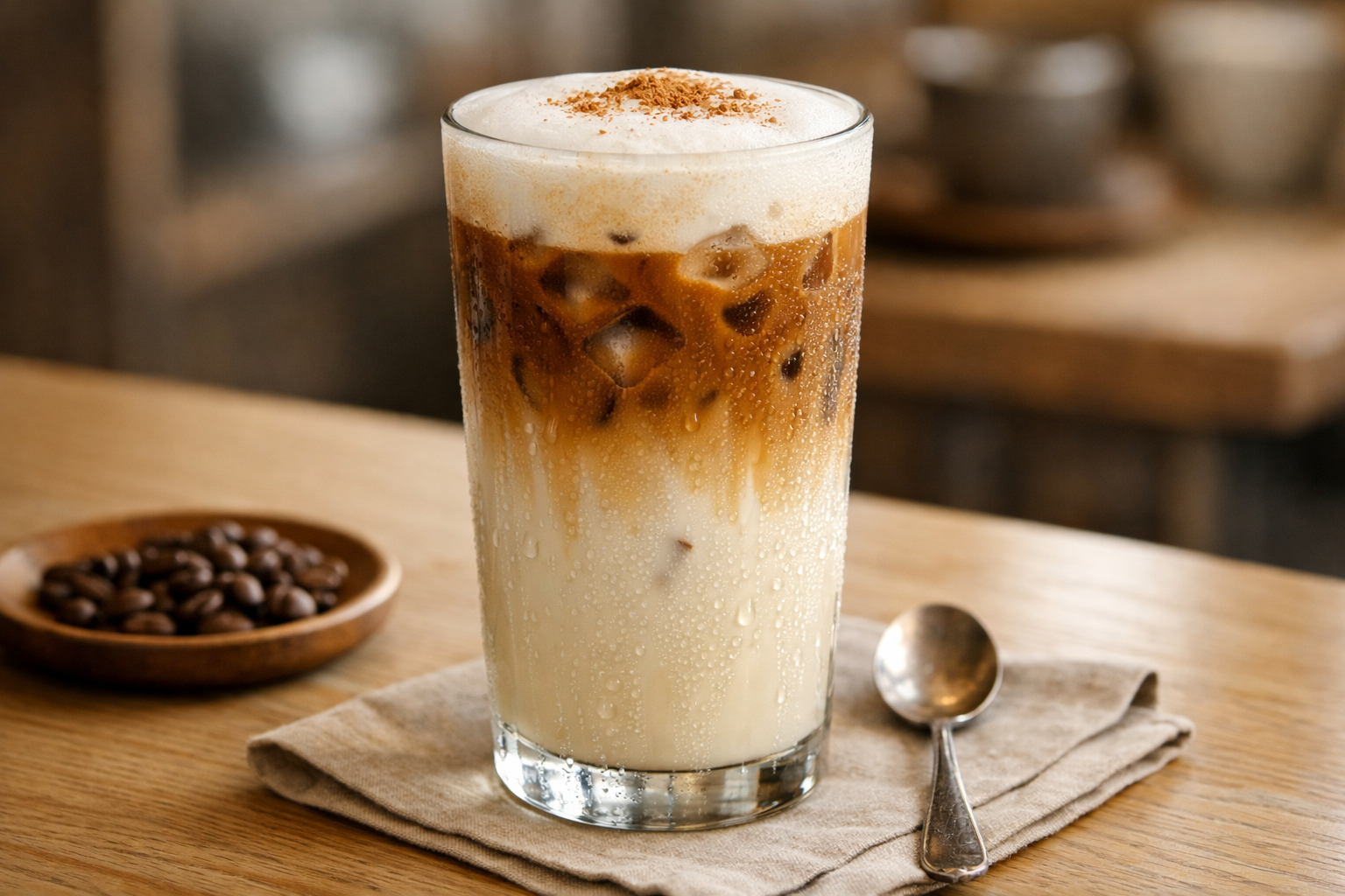 Iced Spanish Latte in a glass with cinnamon