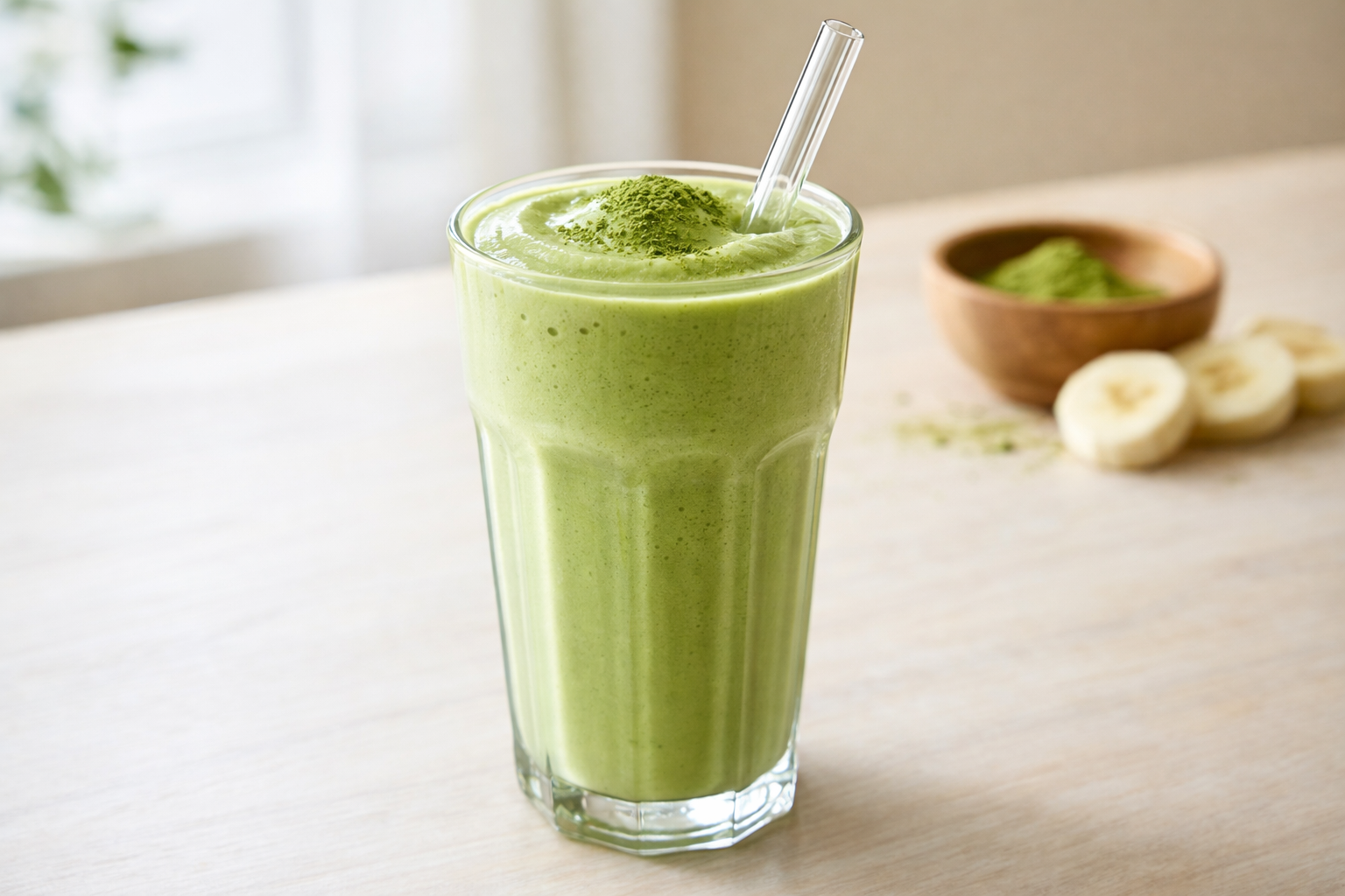 Vibrant green creamy Matcha tea smoothie in a glass