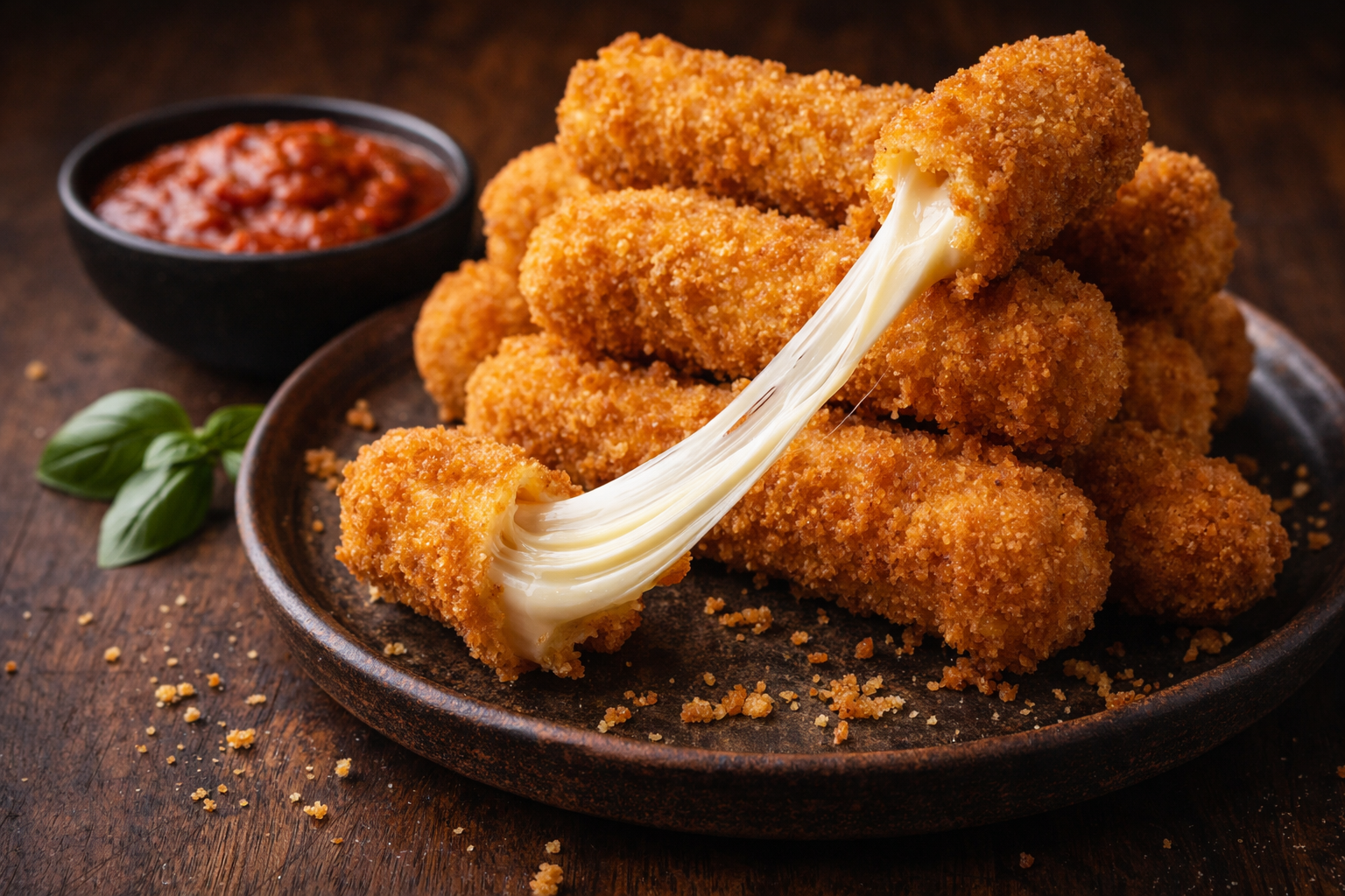 Golden Crispy Homemade Mozzarella Sticks stacked on a plate