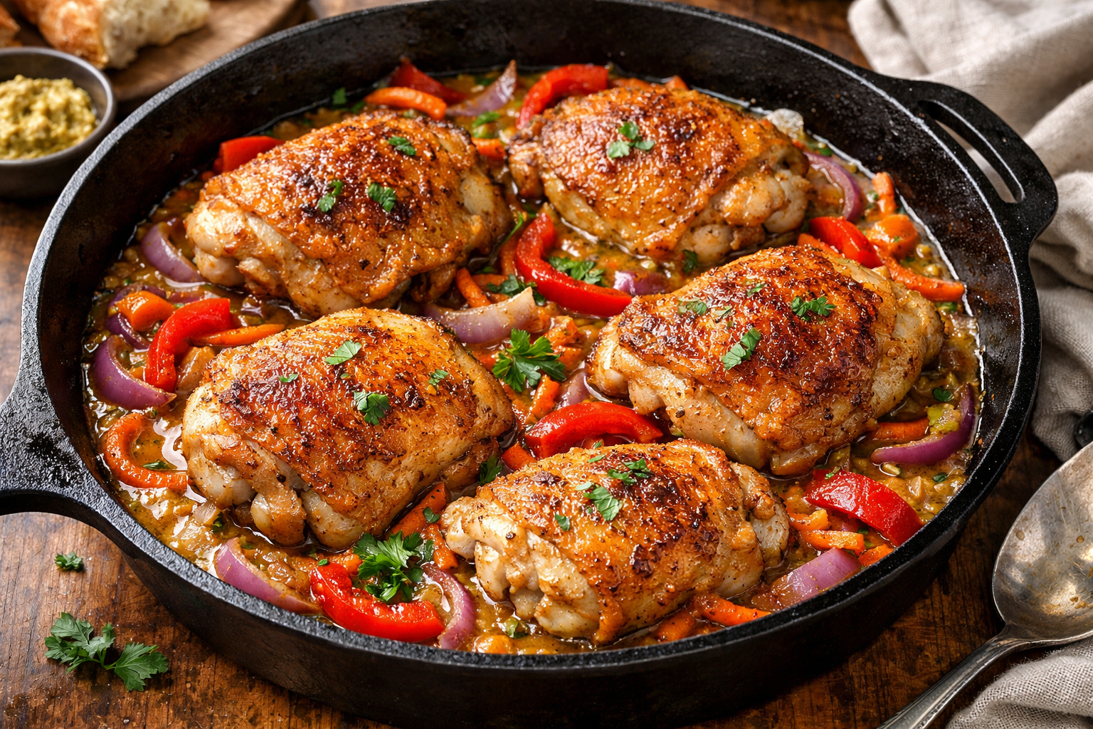 One-Pan Chicken Thighs skillet dinner with carrots and onions