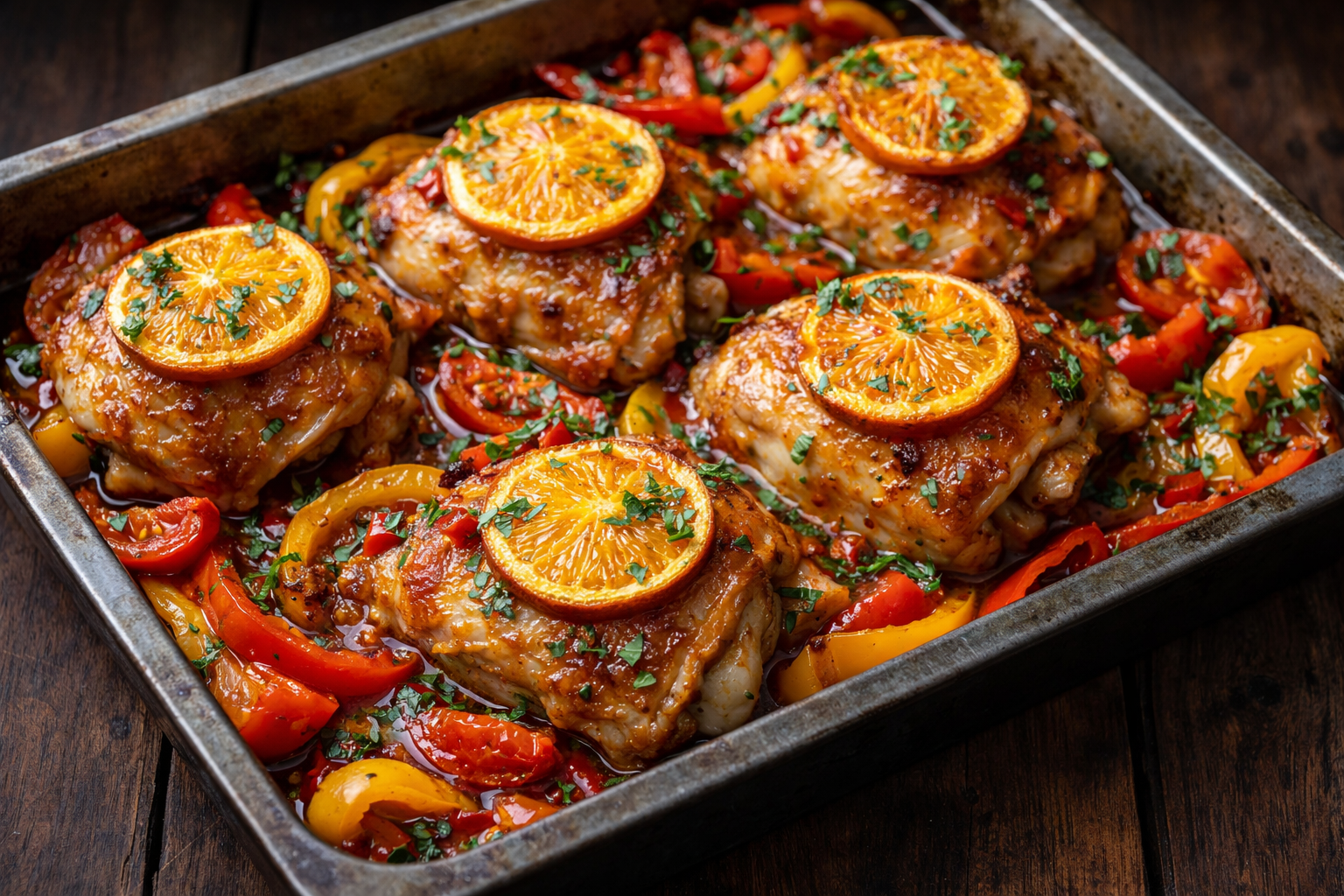 Orange Glazed Chicken Thighs with Roasted Peppers – One Pan Dinner in 1 Hour