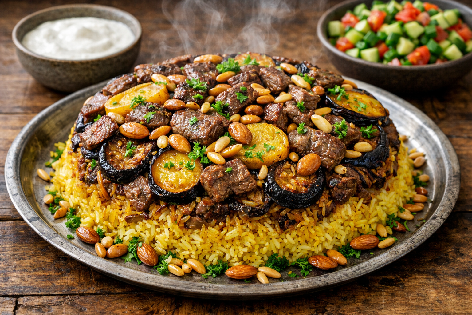 Authentic Palestinian Maqluba with eggplant and beef flipped on a serving tray
