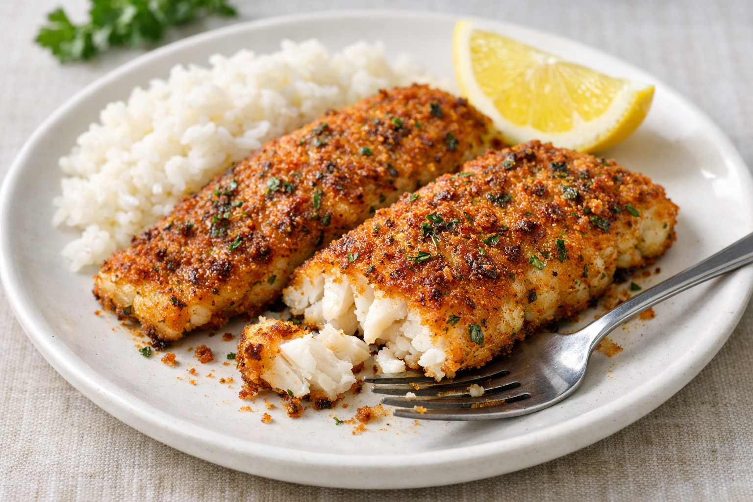 Golden pan-fried fish fillets with herbs