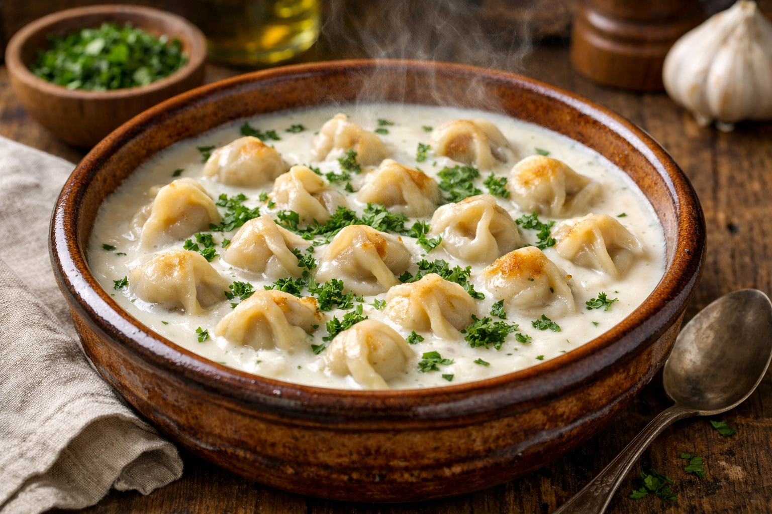 Stuffed Dough Dumplings in Creamy Yogurt Sauce – A Comfort Food Classic with Minced Meat