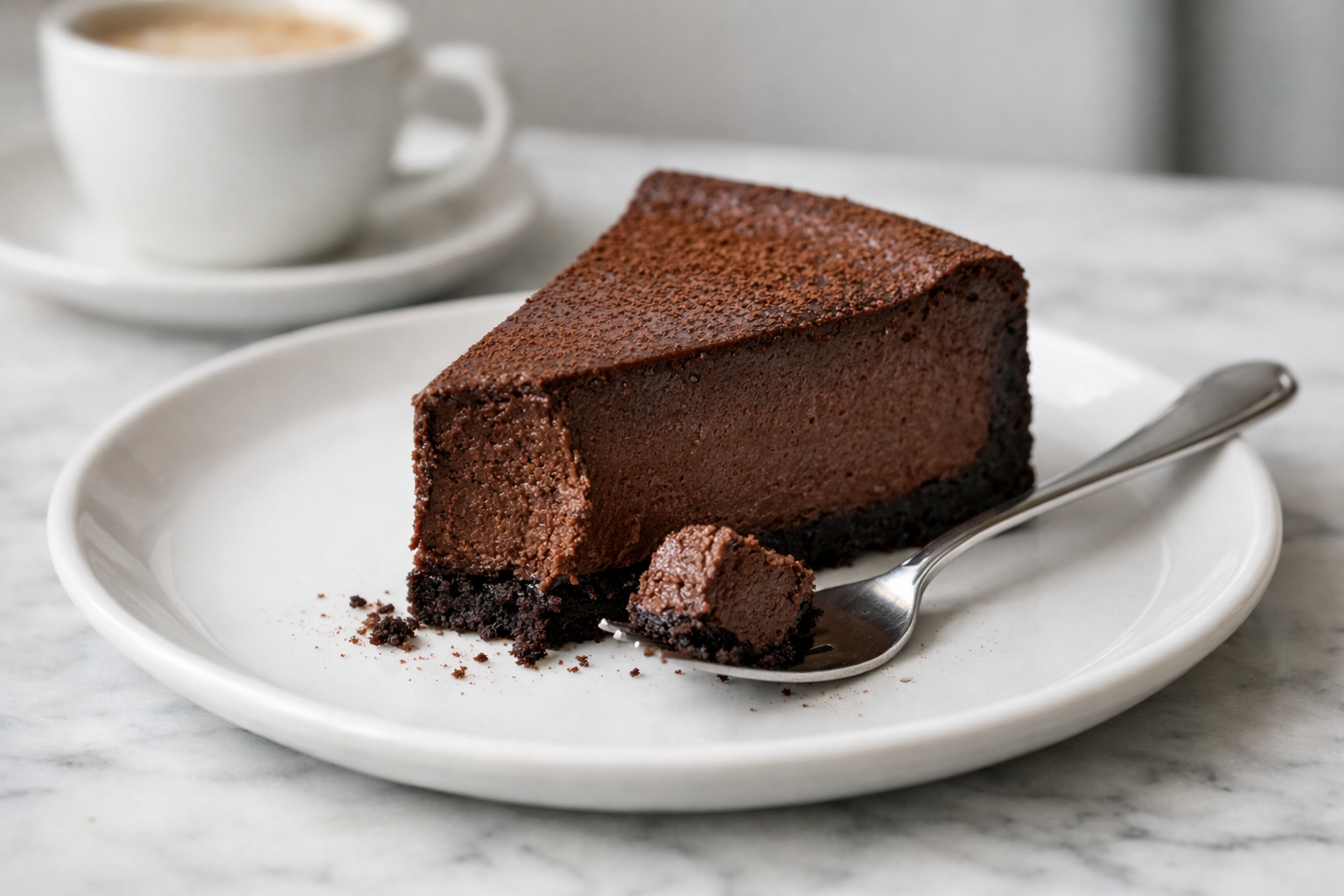 Slice of rich diet chocolate cheesecake