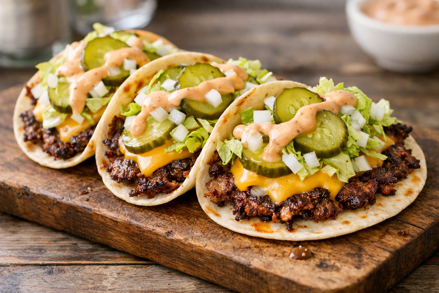 Juicy beef tacos with cheese and lettuce on a wooden board