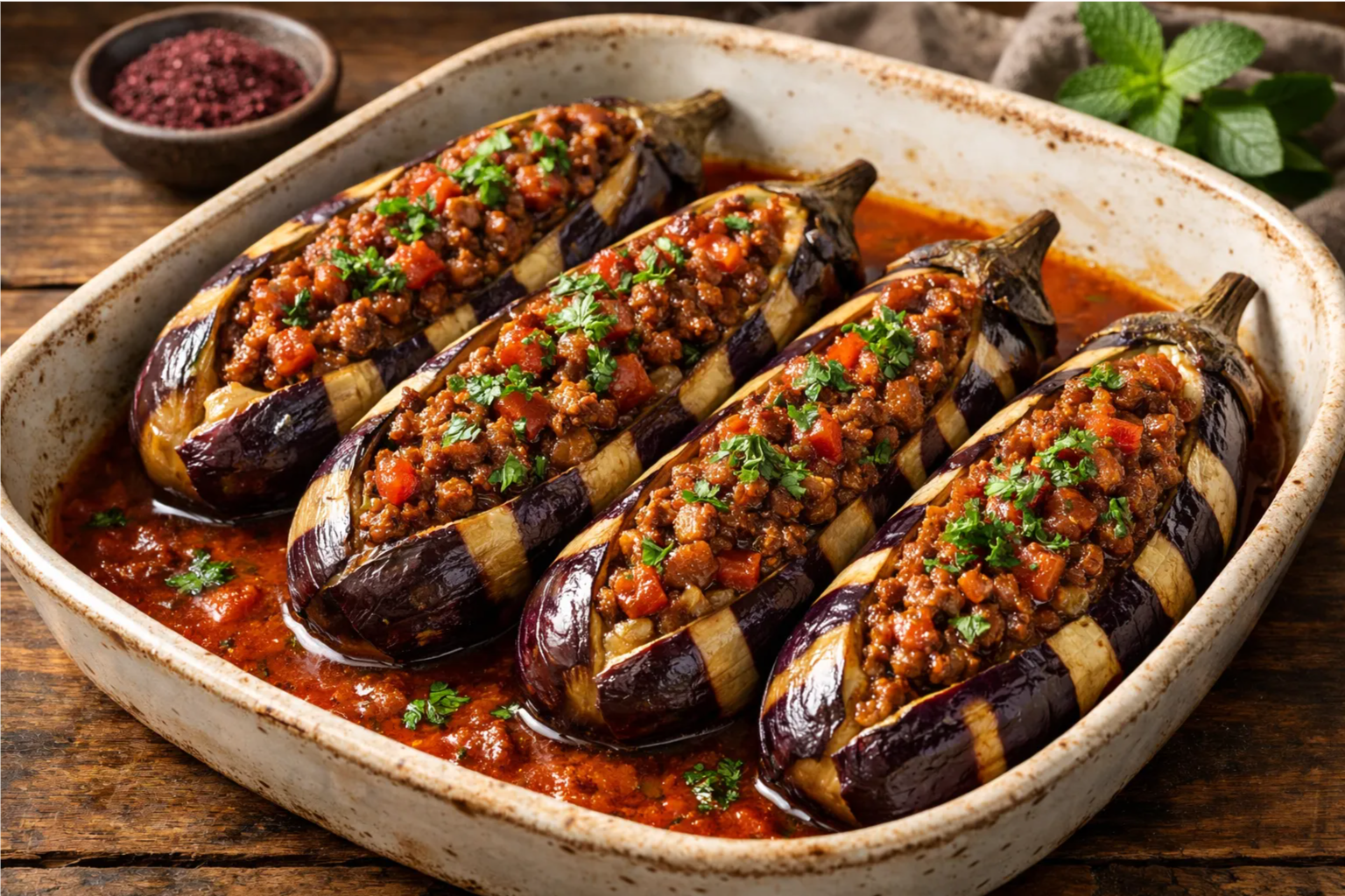 Roasted Stuffed Eggplant with Spiced Beef and Tomato Sauce