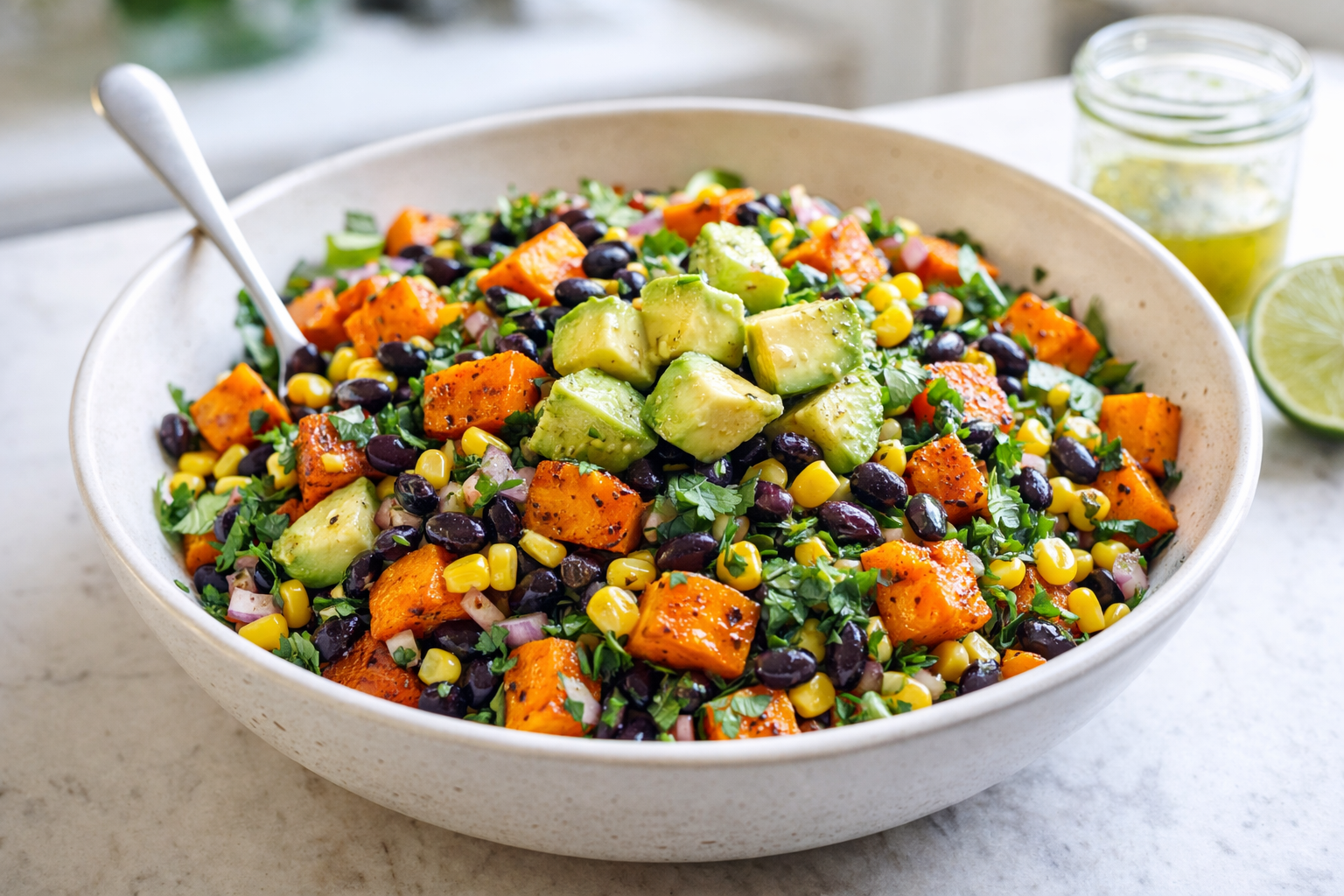 Bowl of healthy salad with sweet potatoes, greens and beans