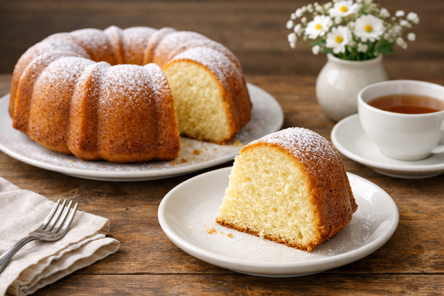 A slice of fluffy Classic Vanilla Sponge Cake on a white plate