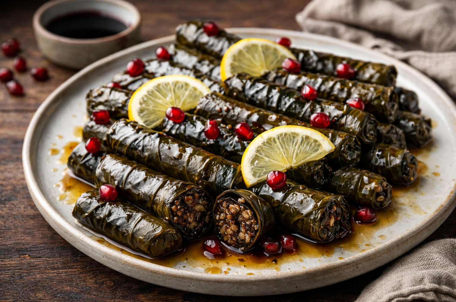 Pot of cooked Yalanji grape leaves garnished with lemon slices
