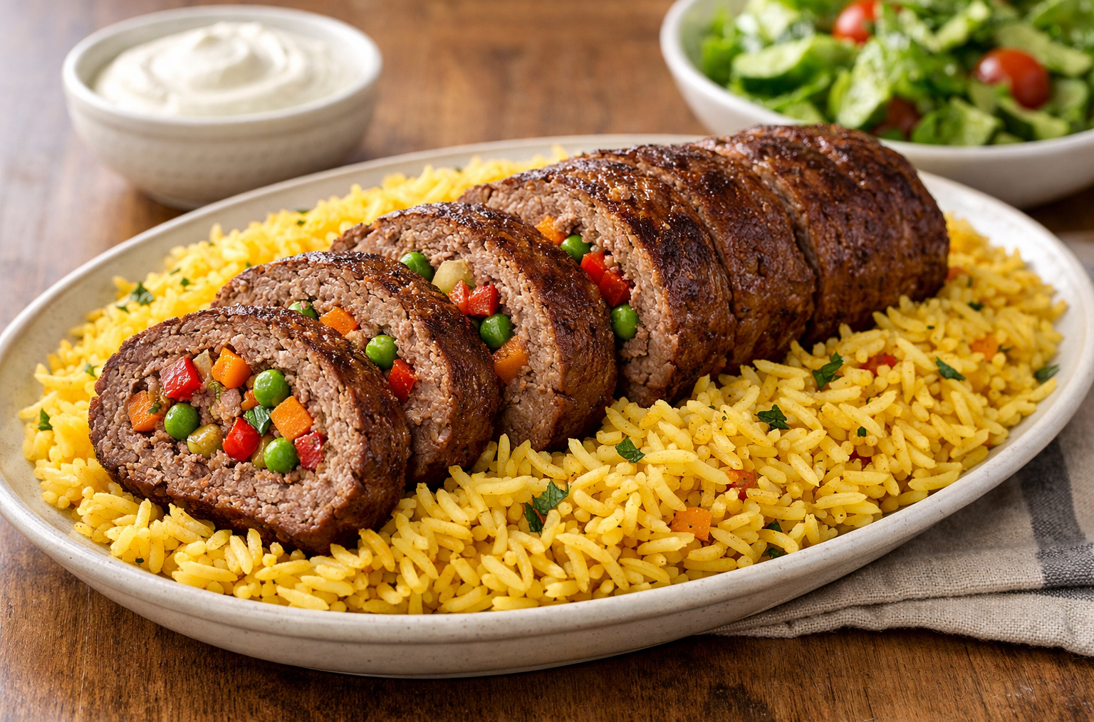 Stuffed Ground Beef Roll with Yellow Rice
