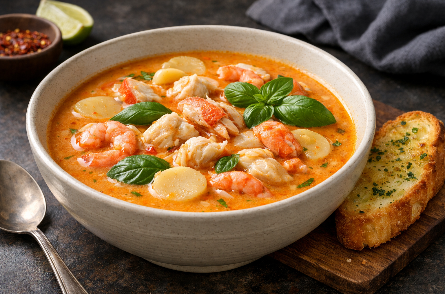Bowl of creamy Coconut Crab Soup with basil and toast