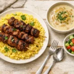 Traditional Egyptian Grilled Boiled Meat with Yellow Rice and Onion Soup