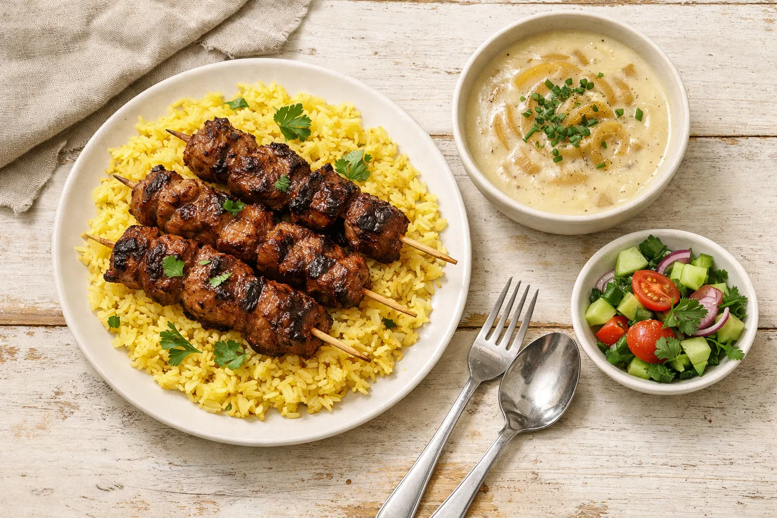 Traditional Egyptian Grilled Boiled Meat with Yellow Rice and Onion Soup