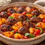 Baked Ground Beef Meatballs with Potatoes in Tomato Sauce