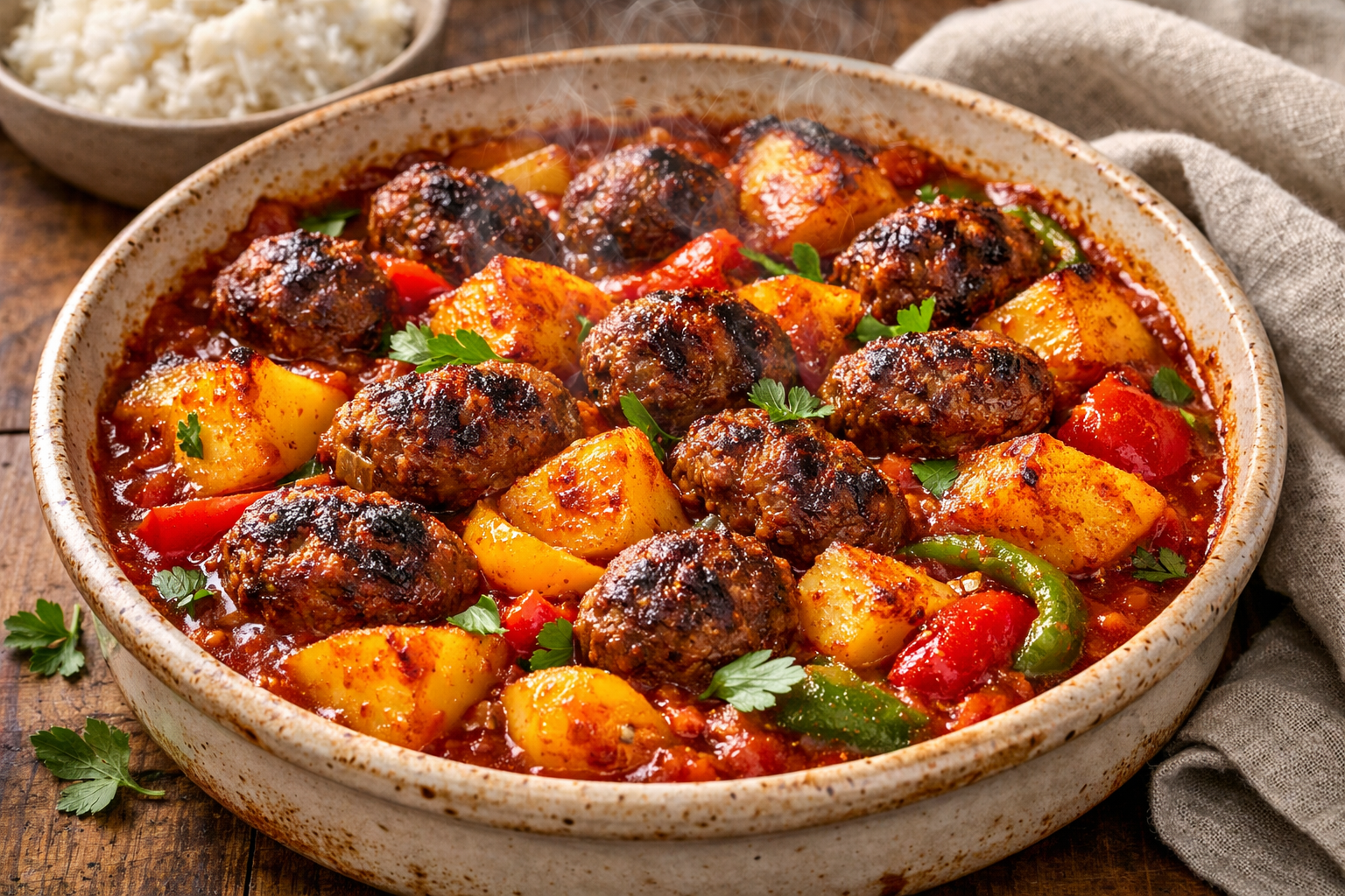 Baked Ground Beef Meatballs with Potatoes in Tomato Sauce