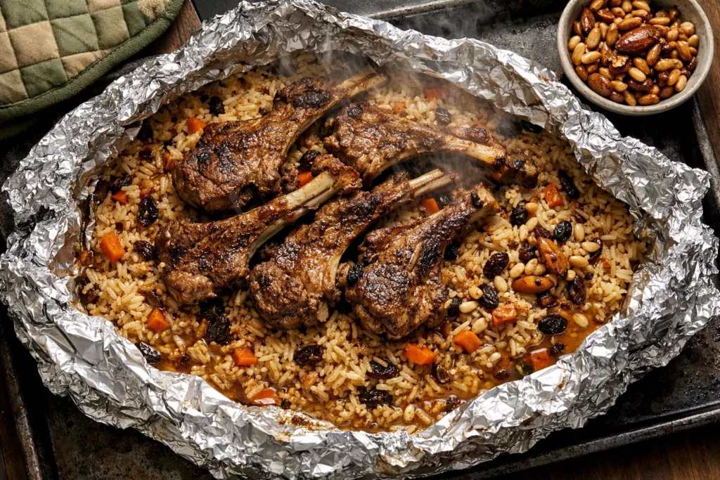 Baked Lamb Rack with Spiced Rice