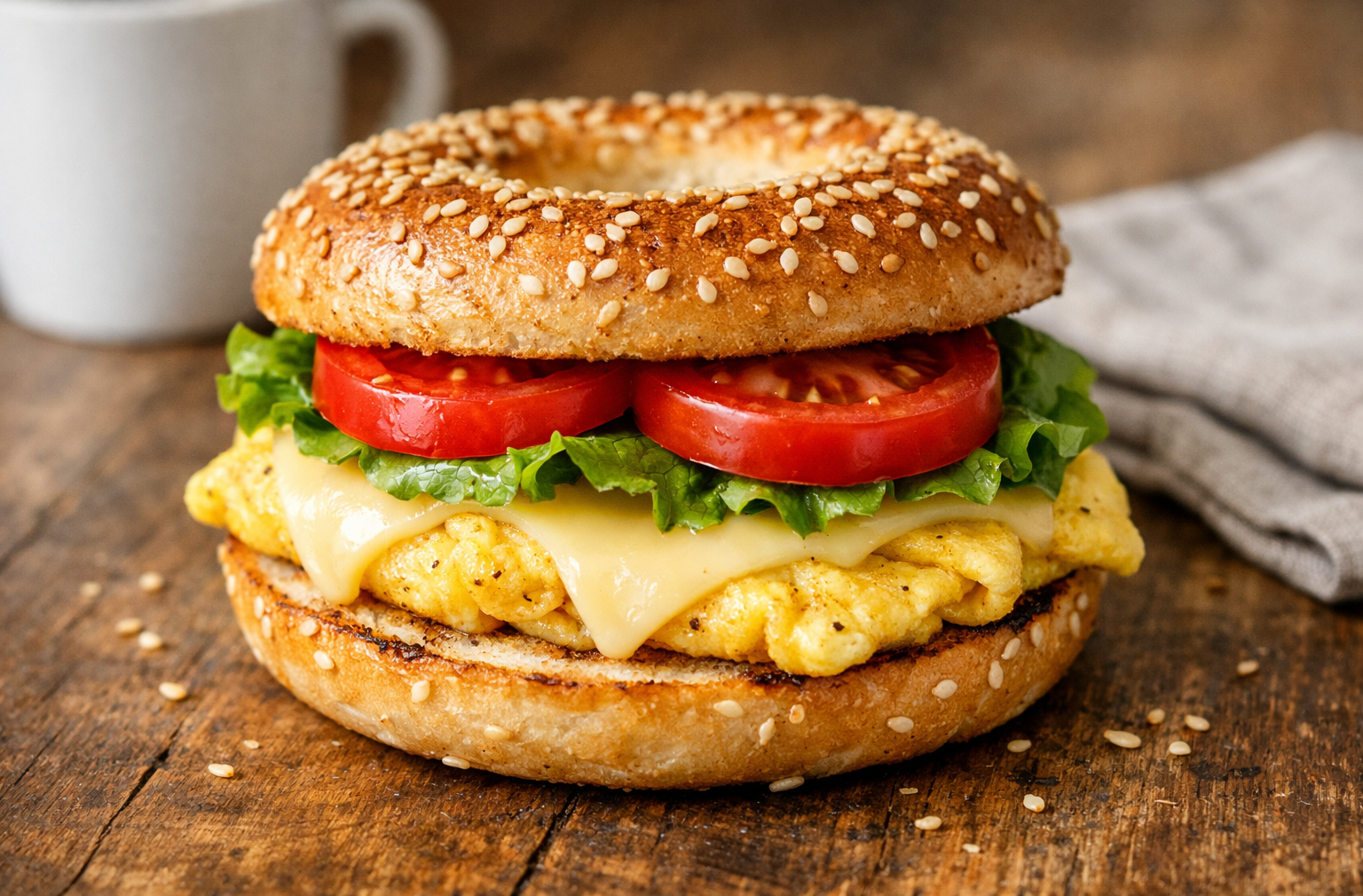 Fresh bagel sandwich with omelet, cheese, lettuce and tomato