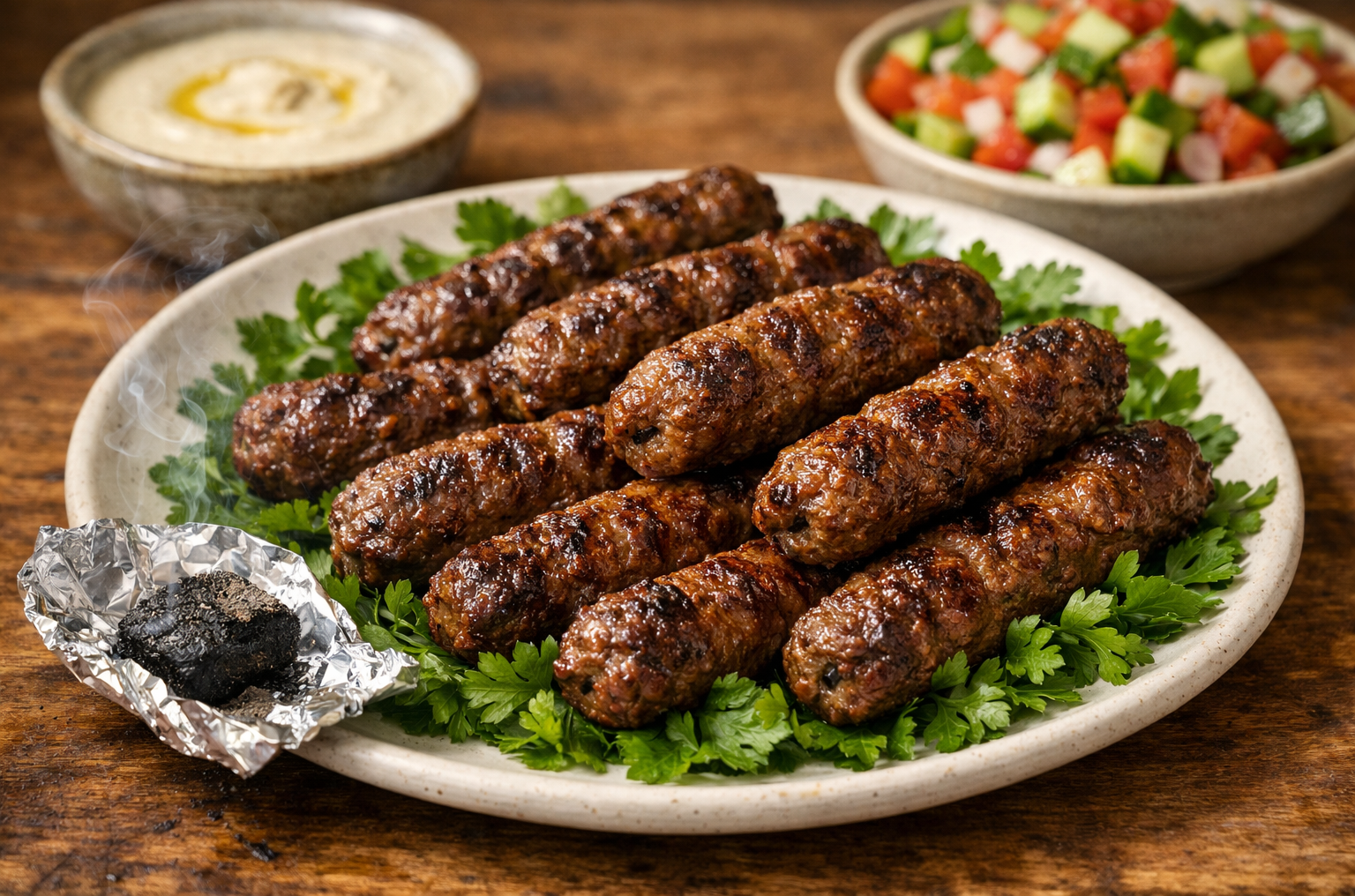 Golden brown grilled kofta fingers served on a plate