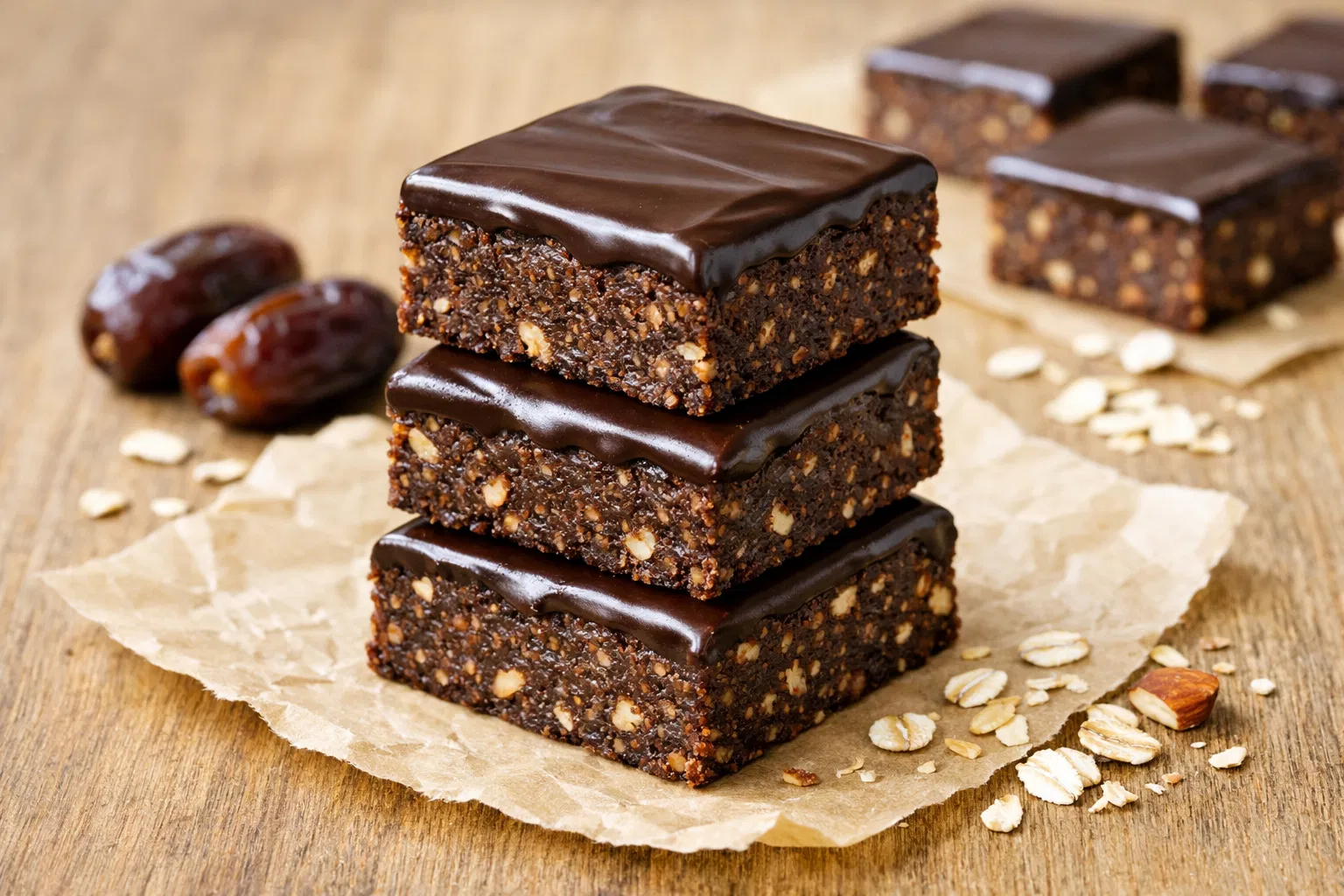 Square sliced no-bake date brownies topped with chocolate ganache