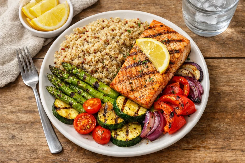 Grilled Salmon with Roasted Vegetables and Quinoa