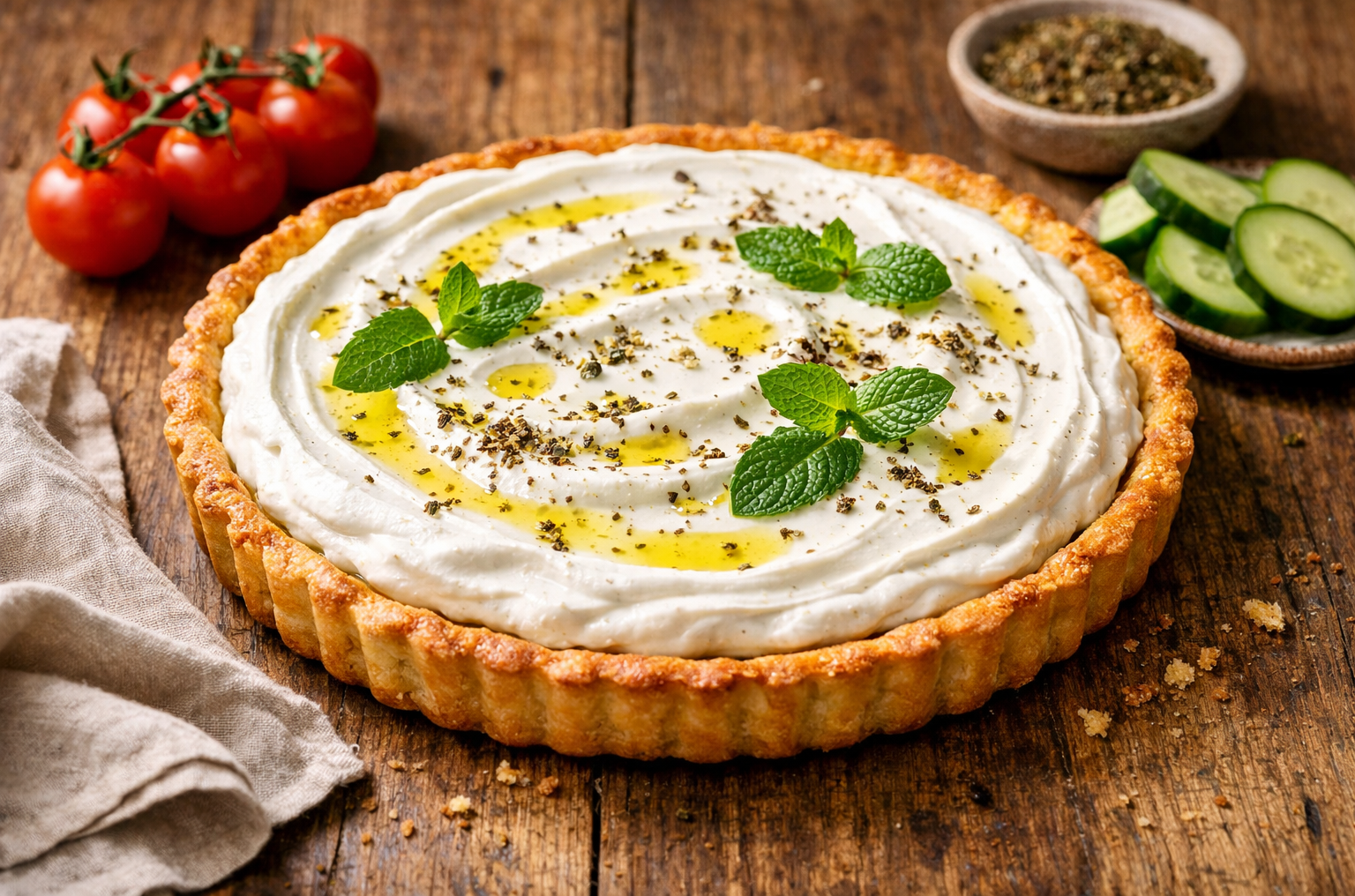 I've made this savory labneh tart a few times in my kitchen, usually when I want something quick for breakfast or a light evening meal. It's one of those dishes that feels a bit special without much effort, and it works well with what I have on hand most days. The base is a simple batter that comes together in a bowl—no rolling out dough or anything fussy. I spread it in my tart pan, bake it partially, then add the labneh filling. The first time I tried it, I put too much batter in the center and it took longer to bake evenly, so now I make sure to smooth it out properly. Labneh gives it a creamy, tangy layer that's nice on its own or with some fresh veggies on the side. In my family, we eat it warm from the oven, sometimes with a bit of olive oil drizzled over. If you're using store-bought puff pastry for a variation, it crisps up nicely and adds a different texture—I've done that when I'm short on time. Overall, it's straightforward and forgiving, especially if you're feeding a small group. INGREDIENTS 1 cup all-purpose flour 1 teaspoon salt 2 tablespoons sugar 1 teaspoon baking powder 2 eggs 1 cup plain yogurt 1/2 cup vegetable oil 1 cup labneh (for the filling) INSTRUCTIONS Mix the flour, salt, sugar, baking powder, eggs, yogurt, and oil together in a bowl until just combined. Don't overmix; it should be a thick batter. Spread the batter evenly into a greased 9-inch tart pan or pie dish. Preheat your oven to 350°F and bake the base for about 10 minutes, until the edges start to set but it's still soft in the middle. Take it out and let it cool for 5 minutes. Spread the labneh evenly over the top. Bake again for 15 minutes, until the top is set and the edges are golden brown. Let it cool slightly before slicing. For a thyme version, skip the batter and use a sheet of puff pastry in the pan. Mix the labneh with 1 tablespoon milk, 3 tablespoons grated Parmesan, 1 tablespoon dried thyme, and 1/4 teaspoon black pepper, then spread it on the pastry and bake at 400°F for 20-25 minutes. WHY YOU'LL LOVE THIS RECIPE It comes together fast with everyday ingredients, no special equipment needed. The labneh adds a creamy contrast to the slightly crisp base, balancing tang and subtle sweetness. Serves easily for a family brunch or as leftovers for lunch the next day. CHEF'S TIPS FOR PERFECTION Grease your pan well to avoid sticking; I've had the base tear when I skipped this step once. Keep an eye on the second bake—ovens vary, so check at 12 minutes to prevent over-browning. If you want more flavor, stir a bit of chopped herbs into the labneh before spreading. STORAGE AND REHEATING Keep leftovers covered in the fridge for up to 2 days. Reheat slices in the oven at 300°F for 10 minutes to crisp up the base again; microwaving makes it soggy. NUTRITIONAL NOTES Each serving has about 350 calories, with a good amount of protein from the yogurt and labneh. Carbs come mostly from the flour, and it's got some fats from the oil. (Easy Savory Labneh Tart Recipe)