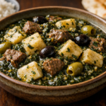 Hearty Middle Eastern Taro Stew with Beef and Garlicky Molokhia