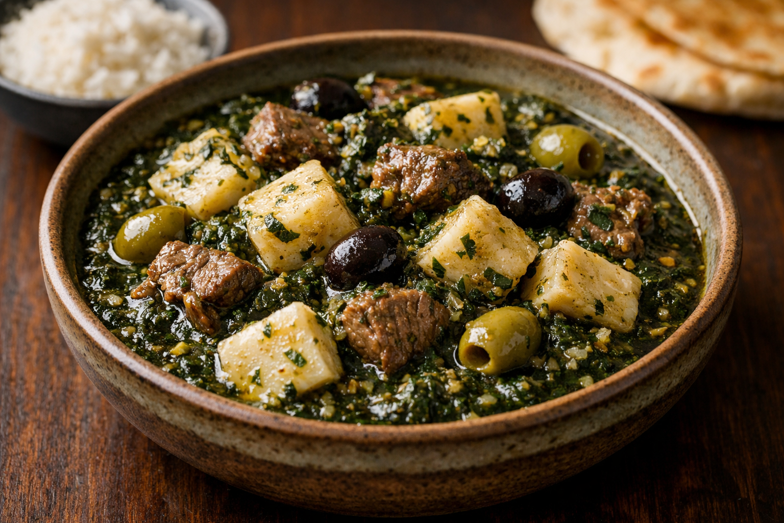 Hearty Middle Eastern Taro Stew with Beef and Garlicky Molokhia